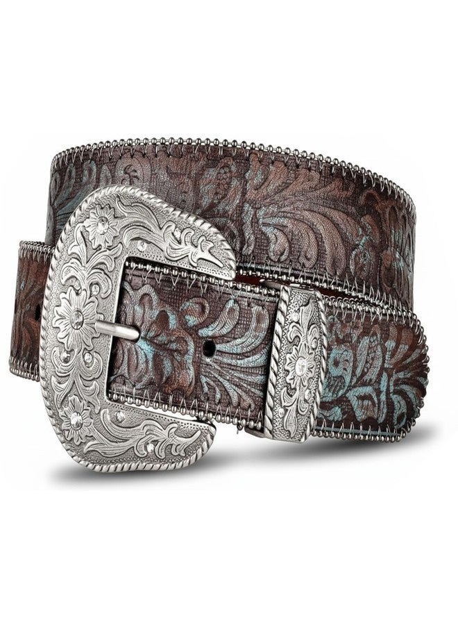 BC Belts حزام جلدي بني منقوش ومطلي باللون الفيروزي مع مشبك غربي مزخرف (صغير) - Image 1
